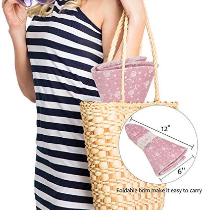 Womens 5'' Super Wide Brim Sun Hats Summer UPF 50+ Beach Hat Foldable Floppy Rose Cap - color: Red