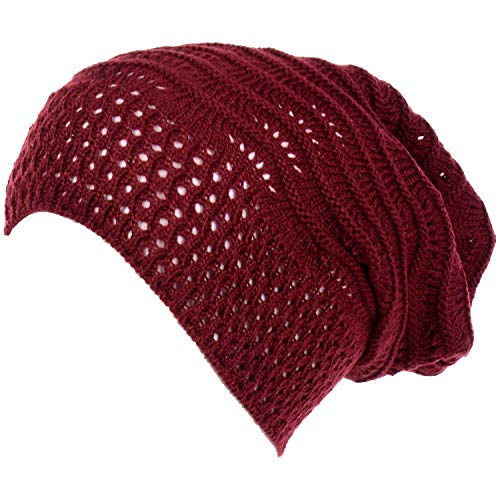 BYOS Women's Airy Cool Lightweight Cutout Long Slouchy Crochet Knit Beanie Hat - color: Wavy Lines-burgundy