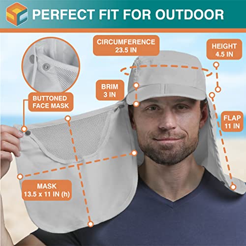 SUN CUBE Fishing Sun Hat with Neck Flap & Face Cover, Wide Brim UPF50+ Cap - color: Light Grey