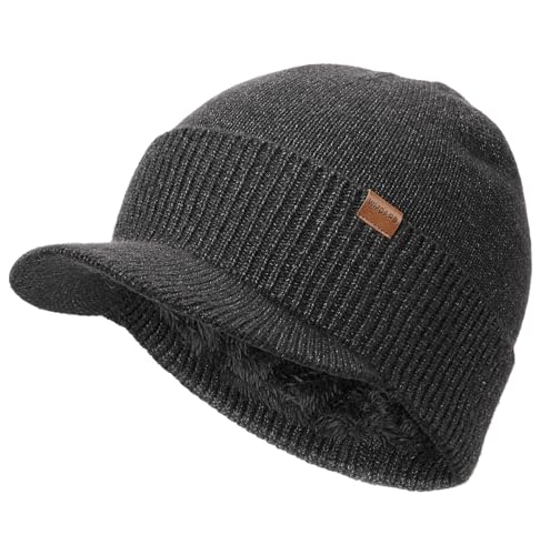 Wmcaps Men's Fleece Lined Brim Beanie, Thermal Winter Visor Hat Outdoor Cap - color: Slate Gray