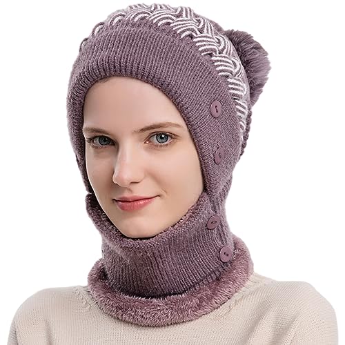 HUAMULAN Women Winter Knit Balaclava Fleece Lined Hooded Beanie Hats - color: Purple, size: One Size