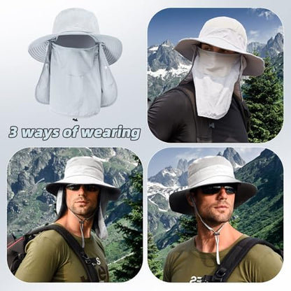 Fishing Hat for Men Sun Protection Hat with Removable Neck Flap Face Cover - color: Light Gray