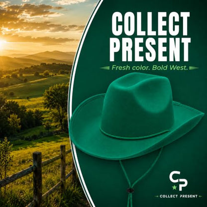 COLLECT PRESENT Plain Felt Cowboy & Cowgirl Hat for Men and Women | Western Studded Cowboy Hat in Adult Sizes - color: Green