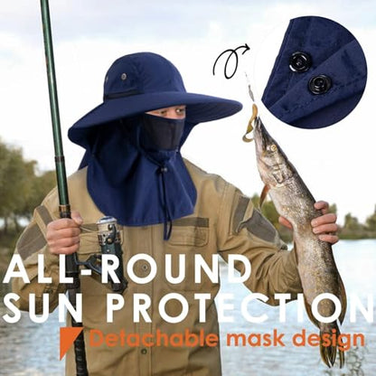 Mens Women Fishing Hat UPF 50+ Wide Brim Sun Hat with Face Cover & Neck Flap - color: Navy