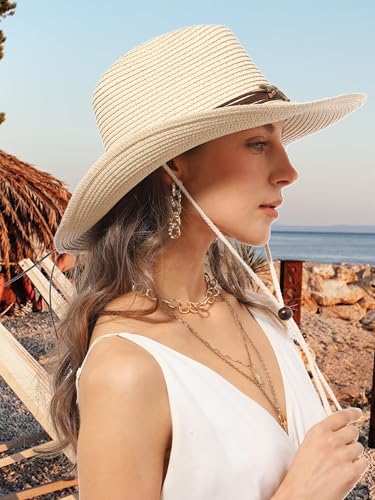 Straw Cowboy Sun Hat Western Cowgirl Women Men with Windproof Chin Strap - color: Beige