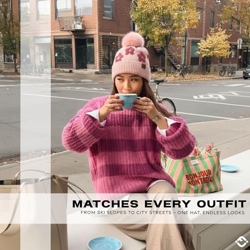 Funky Junque Beanie for Women Ultra Soft Chenille Faux Fur Pom Pom Winter Hats Warm Ski Cap Fashion - color: Daisy - Rose
