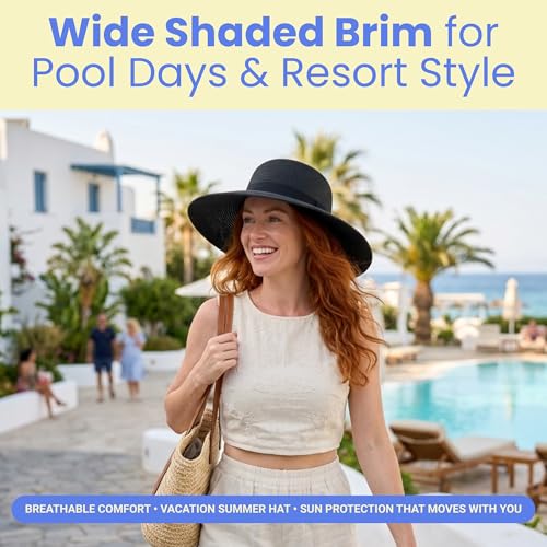Funky Junque Wide Brim Panama Sun Hat, Womens Packable Straw - color: Ribbon Bow Trim - Black