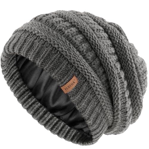 FURTALK Womens Satin Lined Knit Beanie Slouchy Winter Hat Soft Warm Cap - color: Grey