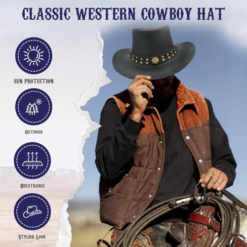 Equine Care Leather Cowboy Hat for Men & Women, Genuine Leather Western - color: Matte Black, size: 7-7 1/8