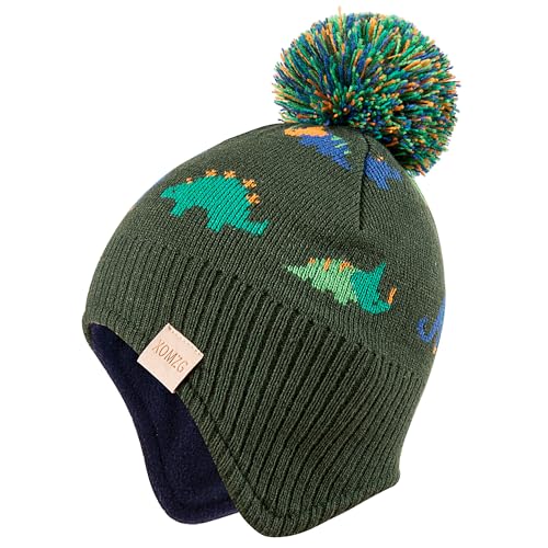 Beanie Knit Hats for Toddlers with Earflap Fleece Lined Hat Kids Warm Winter Hat Scarf Set Children's Thick Ski Cap - color: Small Dinosaur-army Green