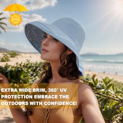 Wide Brim Sun Hats for Women UV Protection Reversible Bucket Hat Foldable Beach Hats Summer Hat for Garden Travel - color: Blue-leaf
