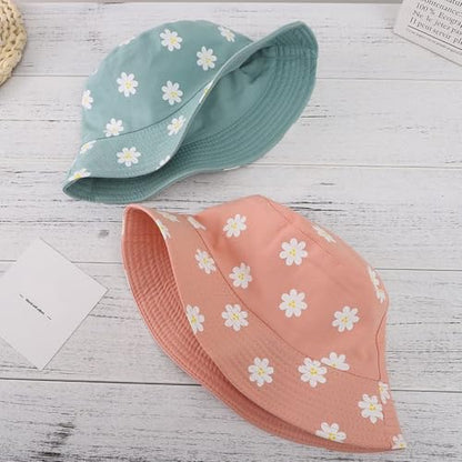 Printed Bucket Hat - Reversible Packable Summer Travel Beach Sun Cap for Men Women Teens - color: Daisy Pink