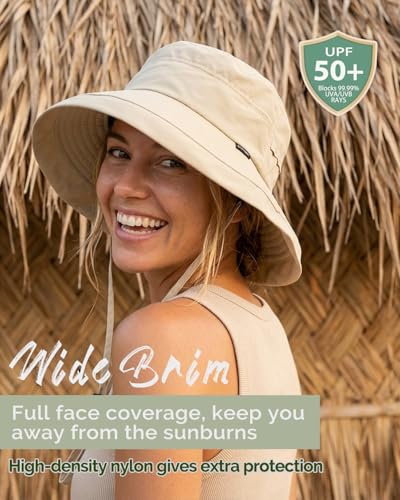 Bucket Sun Hat for Women, UPF 50+ Wide Brim, Packable, Waterproof Rain Hat for Hiking Outdoor Travel - color: Khaki