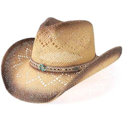 WQWOVRVO Cowboy Hat,Cowgirl Hat,Cowboy Hats for Women/Mens/Straw Wide with Shapeable Brim Western Cowboy Hat for Womens - color: Tawny & Coffee Color
