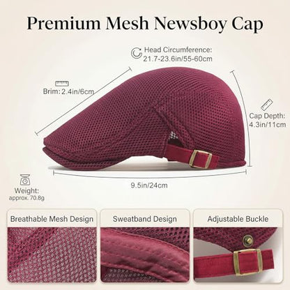 Initlove Mens Mesh Newsboy Cap Breathable Beret Ivy Hat Cabbie Driving Hats for Women - color: Wine Red