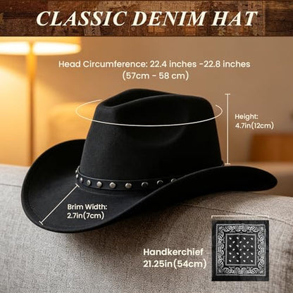 Classic Western Cowboy Hat, Unisex Felt Cowboy hat with Wide Brim and Band, Ideal for Rodeos, Costume Parties, Outdoor Wear - color: Black2