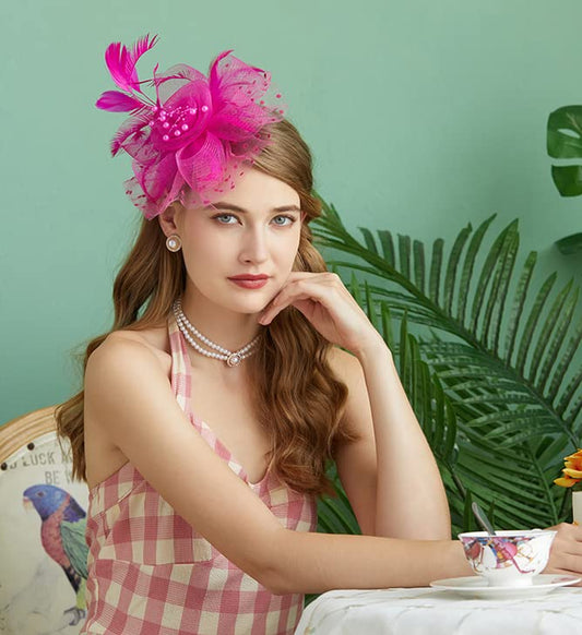 Fascinators Hat for Women Tea Party Headband Kentucky Derby Wedding Flower Cocktail Mesh Feathers Hair Clip - color: 1-fushia