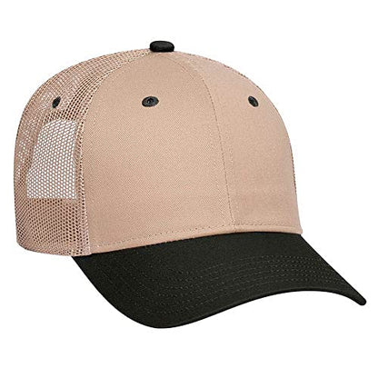 Ashen Fane 6 Panel Blend Twill Structured Low Profile Mesh Back Snapback Trucker Hat - color: Black/Khaki
