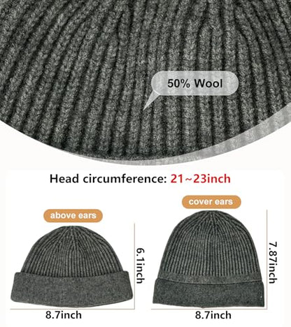 Wool Fisherman Beanie for Men Wome, Thin Knit Winter Hats Skull Cap - color: Dark Grey