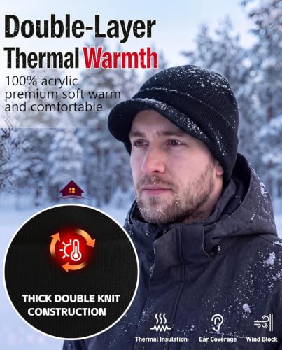 Home Prefer Men's Winter Beanie Hat with Brim Warm Double Knit Cuff Beanie Cap Watch Radar Hat - color: Black