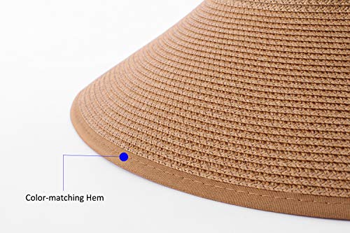 Women Sun Visors Foldable Straw Hats Summer Beach Packable Hat Floppy Wide Brim Cap Deep Style, Adjustable Size - color: Khaki+beige