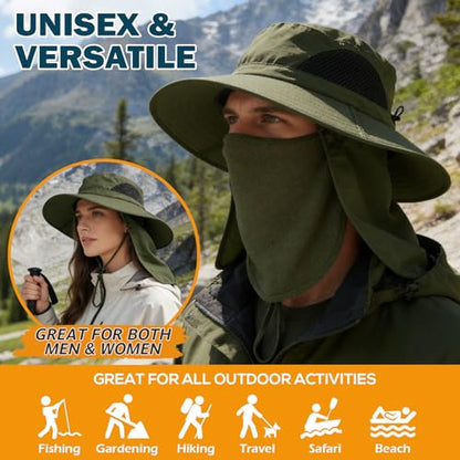 Wide Brim Sun Bucket Hat, Waterproof Boonie Hat for Men & Women - color: 07 Army Green (Full Coverage)