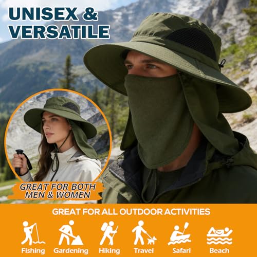 Wide Brim Sun Bucket Hat, Waterproof Boonie Hat for Men & Women - color: 07 Army Green (Full Coverage)