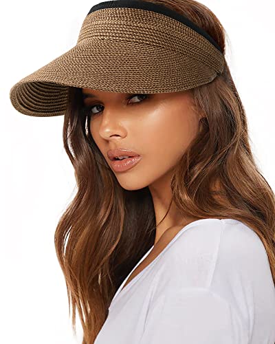 FURTALK Womens Sun Visor Hat Straw Sun Visors for Women Summer Packable Ponytail Beach Hats for Women Travel UPF 80+ - color: Brown