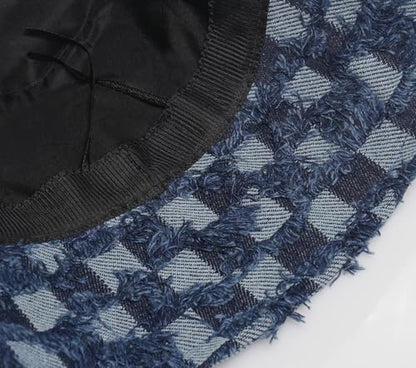 Women's Washed Cotton Bucket Hat Cowboy Checkerboard Fishermen Hat - color: Dark Blue
