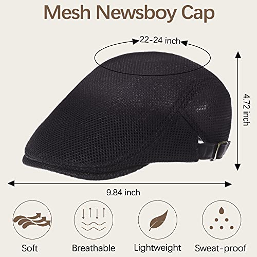 Geyoga 3 Pcs Mesh Newsboy Cap, Adjustable Mesh Cap - color: Khaki, Light Gray, Black