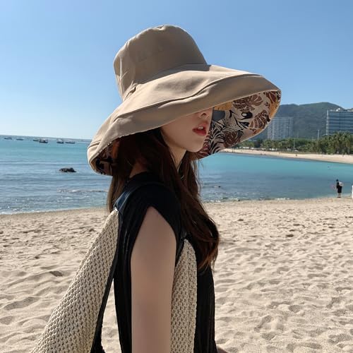 Women Wide Brim Sun Protection Hat Summer Fishing Hats - color: Khaki and Leaf Print
