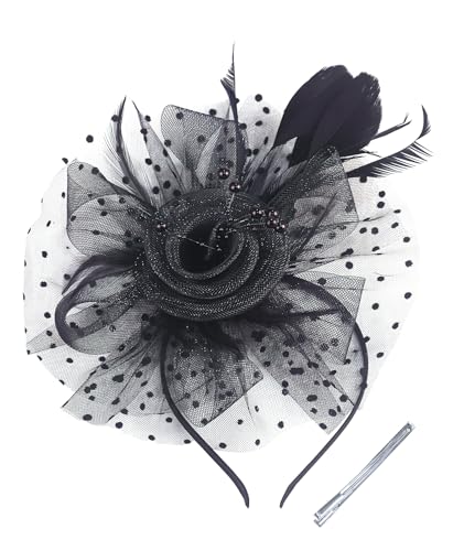 Fascinators Hats for Women – Tea Party & Kentucky Derby Hats with Headband & Clip, Elegant Church Wedding Headpiece - color: Black