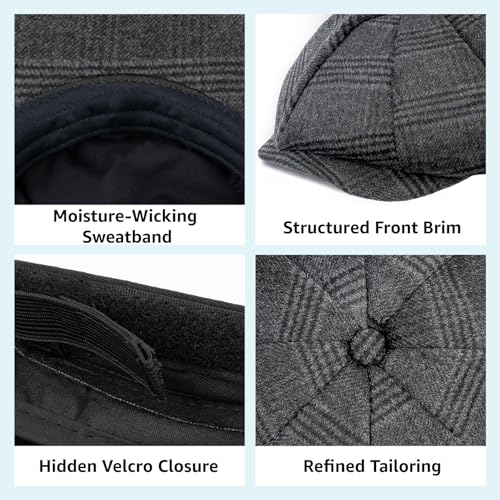 Mens Newsboy Cap High Woolen Tweed Gatsby Hat Ivy Cabbie Flat Golf Cap for Fathers Women Unisex - color: Plaid-dark Grey, size: 7 1/8-7 1/4