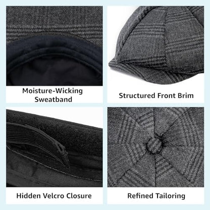 Mens Newsboy Cap High Woolen Tweed Gatsby Hat Ivy Cabbie Flat Golf Cap for Fathers Women Unisex - color: Plaid-dark Grey, size: 7 1/8-7 1/4