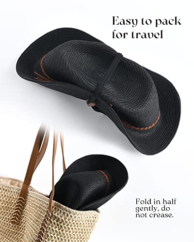 FURTALK Womens Wide Brim Sun Hat Beach Panama Fedora Straw Summer - color: Black, size: Large-X-Large