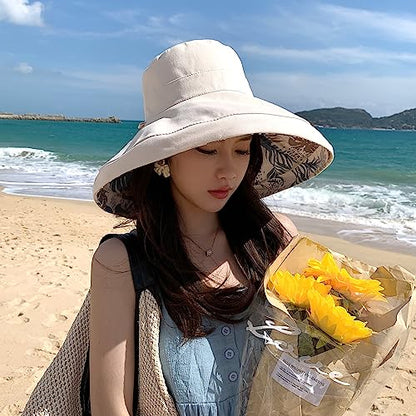 HUAMULAN Women Summer Vacation Wide Brim Sun Hat Reversible Fishing Hats - color: Beige