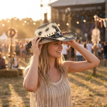 Straw Cowboy Hat for Men Women, Breathable Lightweight - color: Black-m