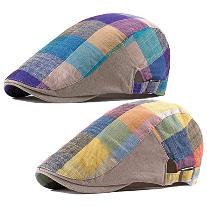 2 Pack Mens Newsboy Flat Cap Plaid Ivy Gatsby Cabbie Driving Golf Hat Beret - color: 2 Pcs Set a
