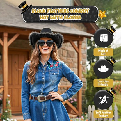 4E's Novelty Cowboy Hat with feathers With Heart Shaped Sunglasses for Women, Felt Cowgirl Hat for Party Costume Dress Up - color: Black