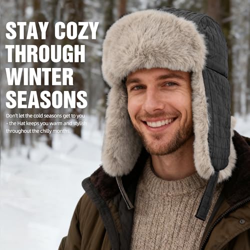 Winter Hat for Men Women Trapper Hat with Ear Flaps, Windproof Russian Trooper Hat for Cold Weather Hunting Skiing - color: Grey