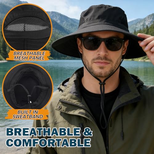 Wide Brim Sun Bucket Hat, Waterproof Boonie Hat for Men & Women - color: 01 Black