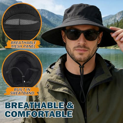 Wide Brim Sun Bucket Hat, Waterproof Boonie Hat for Men & Women - color: 01 Black