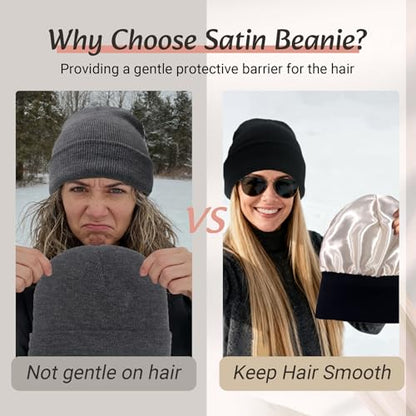 PFFY Satin Lined Beanie for Women Winter Hats Warm Reduce Frizz - color: Lightgrey