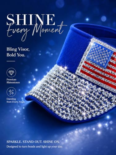 Women Shiny Rhinestone Bling Sun Visor Adjustable Tennis Beach Ponytail Hat - color: Blue-usaflag