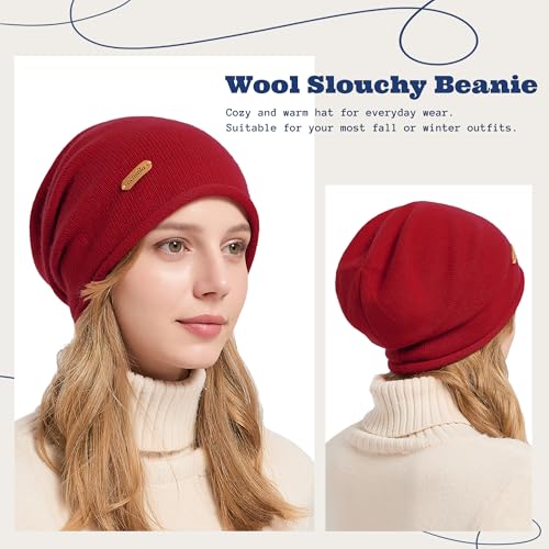 ACUSHLA 100% Merino Wool Slouchy Beanie for Women Men Winter Hat Skull Cap - color: Red