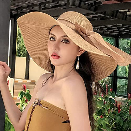 FSIGOM Women's Folable Floppy Hat,Wide Brim Sun Protection Straw Hat, Summer UV Protection Beach Cap - color: C1-f-khaki, size: Medium