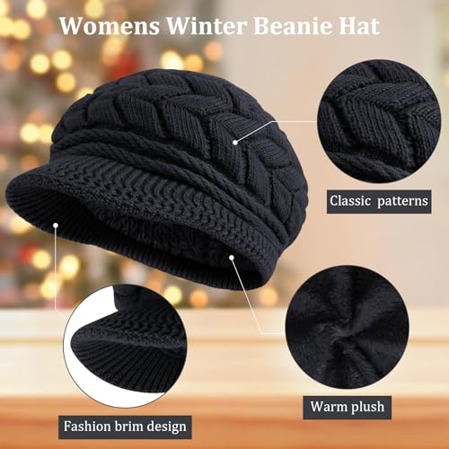 Loritta Womens Winter Beanie Hats, Thick Warm Beanie with Visor Brim - color: Black