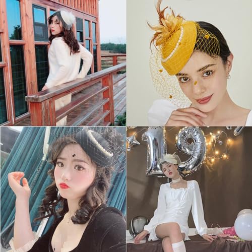 Fascinator Pillbox Hat for Women, Feather Flower Pearls Hair Headwear Veil - color: Green