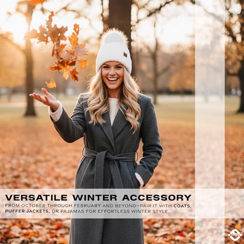 Funky Junque Beanie for Women Ultra Soft Chenille Faux Fur Pom Pom Winter Hats Warm Ski Cap Fashion - color: Ivory