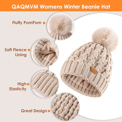 Women Winter Beanie Hat Gloves Set Pom Hat with Warm Fleece Lined Touchscreen Gloves for Cold Weather - color: Beige